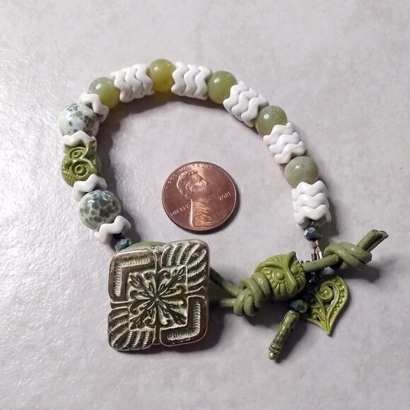 3 Wise Owls! Owl Bracelet! Easy Close Button Closure! Fire Agates + Stone Beads - Picture 1 of 12